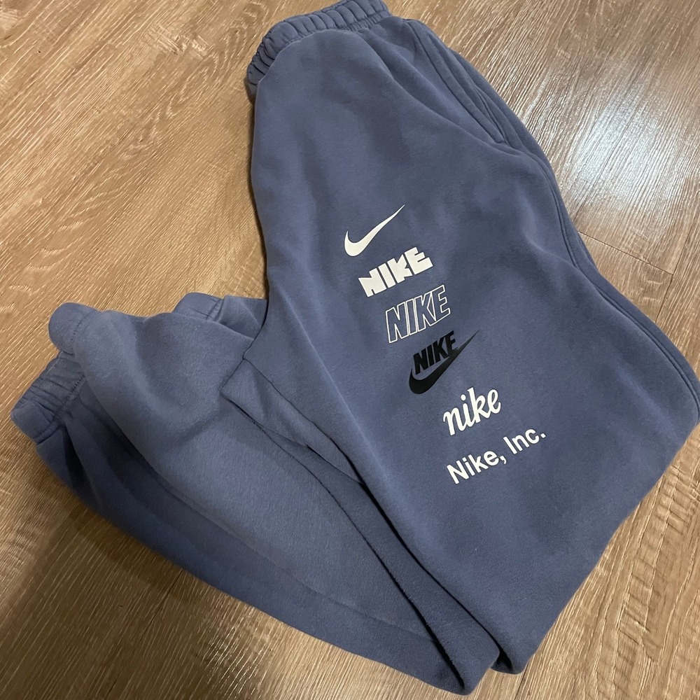 Nike Mens Sweatpants Large Blue Cotton Fleece Multi Logo Graphic Joggers Casual